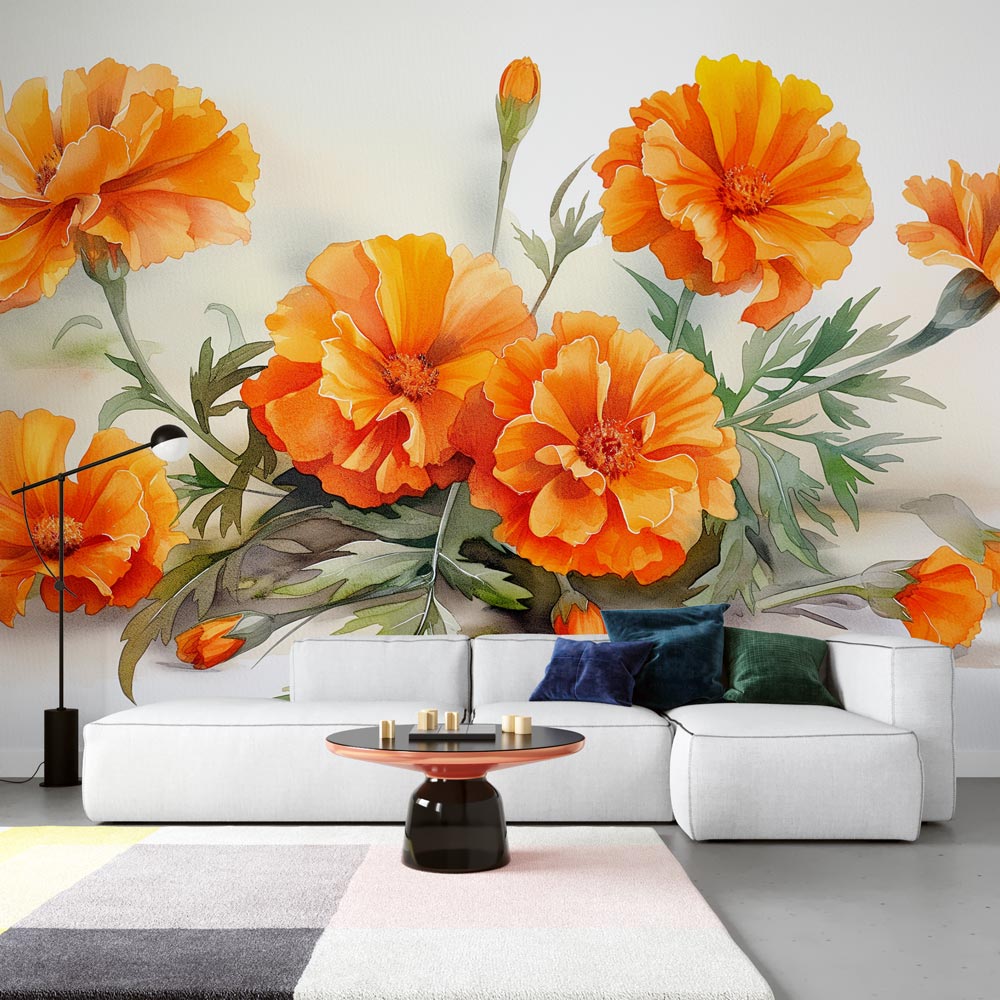 Orange Marigold Floral Wallpaper creating a sunny accent wall in a bright modern dining room with natural light