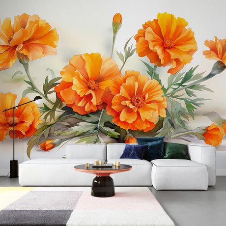 Orange Marigold Floral Wallpaper creating a sunny accent wall in a bright modern dining room with natural light