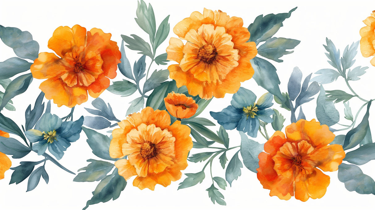 Orange Marigold floral wallpaper in bright modern living room, showing how the watercolor design adds natural warmth to the space