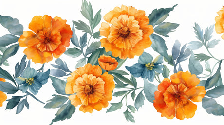 Orange Marigold floral wallpaper in bright modern living room, showing how the watercolor design adds natural warmth to the space