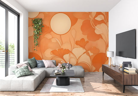 Orange vintage floral wallpaper with moon design styled in modern living room with mid-century furniture