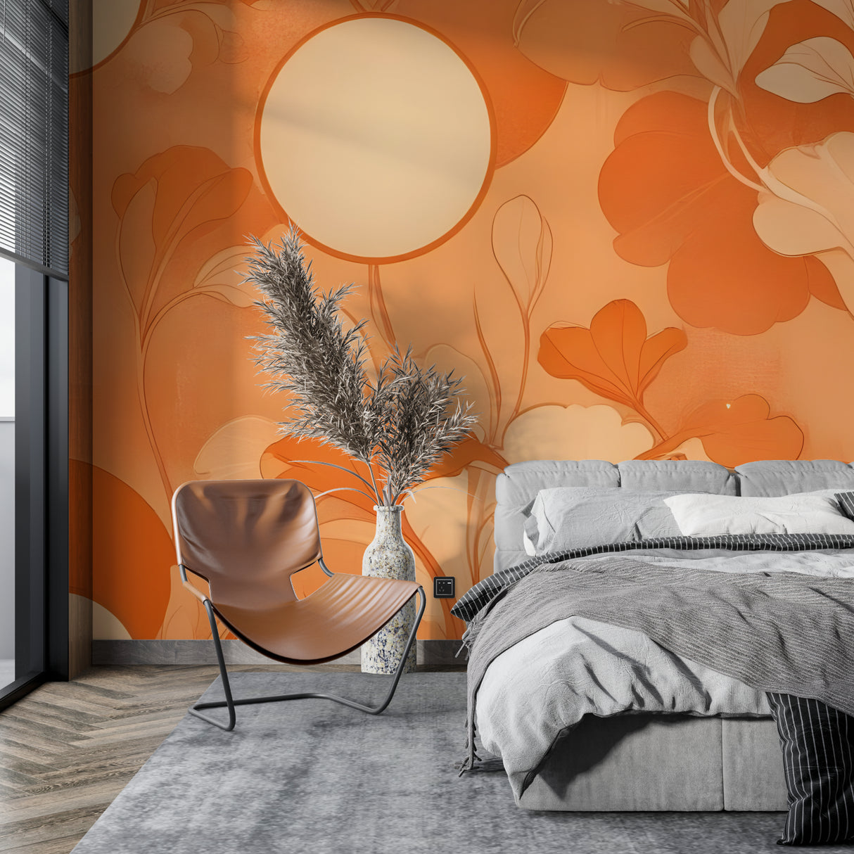 Retro floral wall mural in cozy bedroom showing orange blooms and moon pattern
