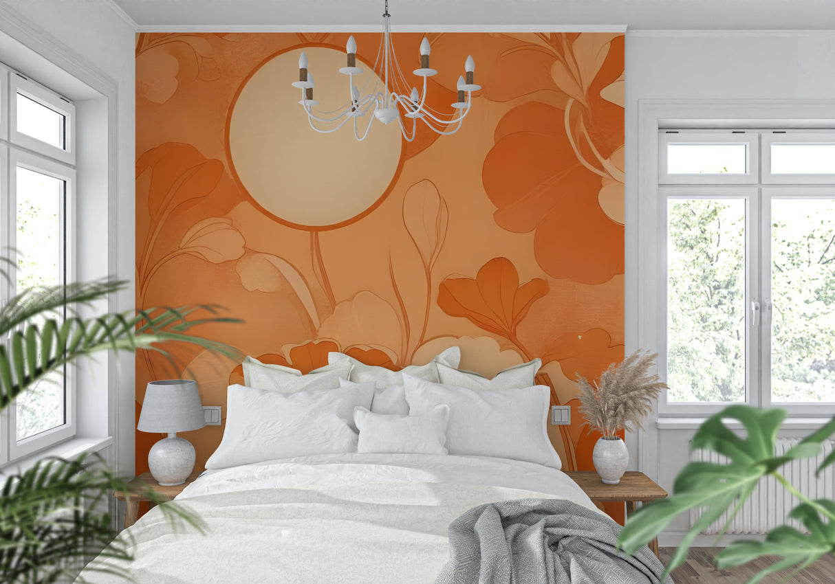 Vintage orange flower wallpaper creating warm atmosphere in dining room