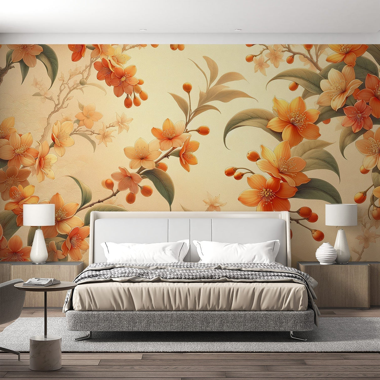 Orange Camellia floral wallpaper creating a peaceful atmosphere in a modern living room with natural light