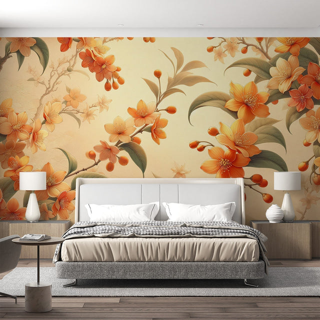 Orange Camellia floral wallpaper creating a peaceful atmosphere in a modern living room with natural light