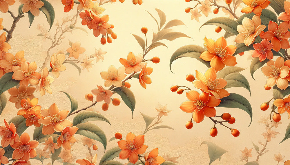 Oriental Camellia wallpaper design file showing detailed orange blooms and sage green leaves pattern
