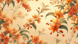 Oriental Camellia wallpaper design file showing detailed orange blooms and sage green leaves pattern