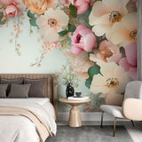 Floral wall mural with pink roses and anemones creating a soft, romantic atmosphere in a bright dining room
