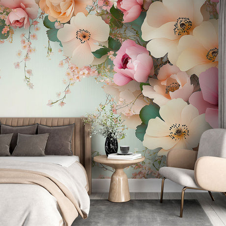 Floral wall mural with pink roses and anemones creating a soft, romantic atmosphere in a bright dining room