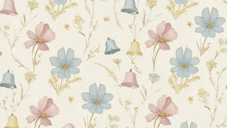 Design file showing detailed pattern of pastel bells and blossoms on cream background