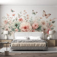 Butterfly floral wallpaper mural in a bright nursery room, showing soft pink and mint green tones creating a peaceful atmosphere