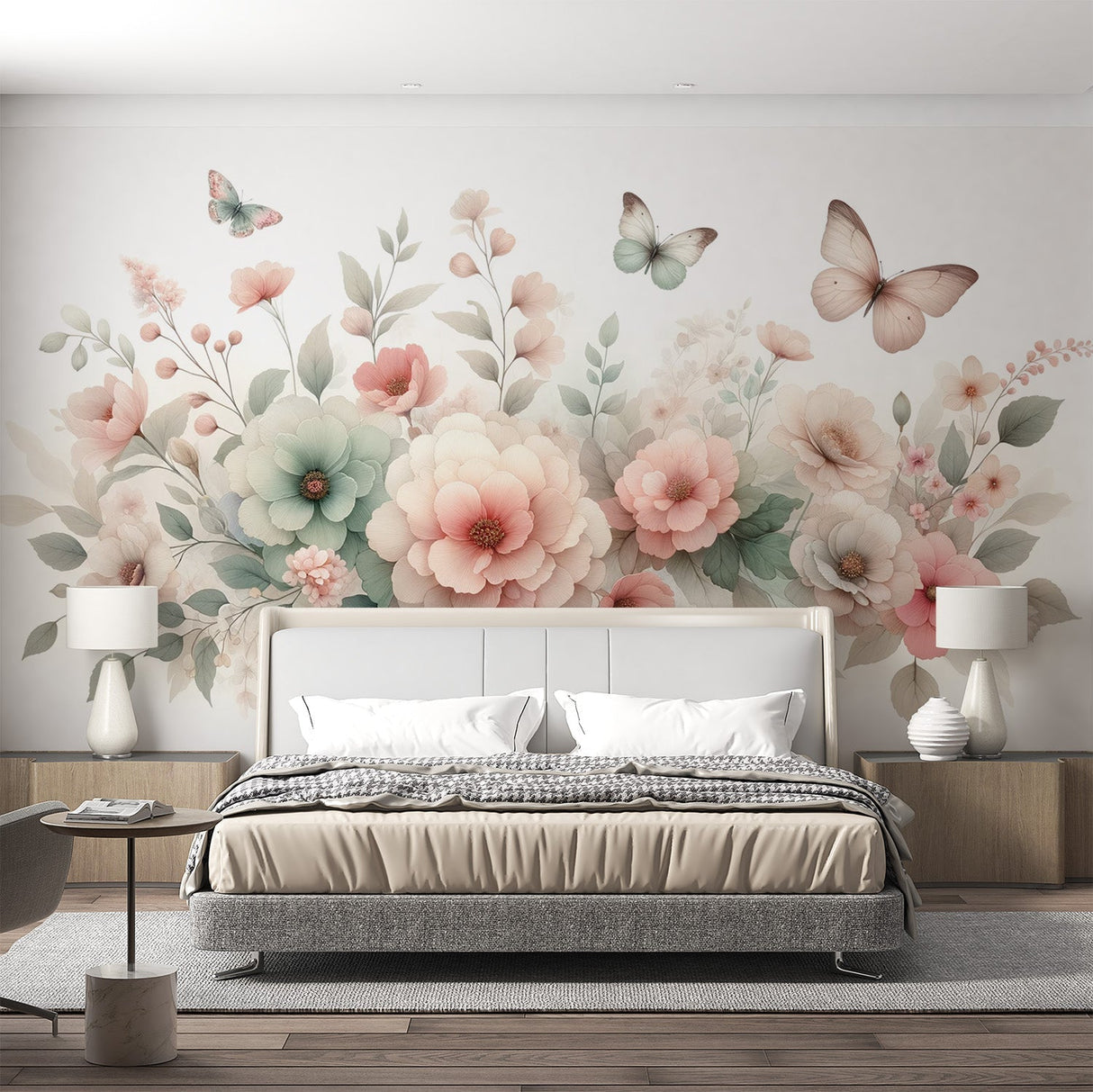 Butterfly floral wallpaper mural in a bright nursery room, showing soft pink and mint green tones creating a peaceful atmosphere