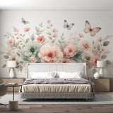 Butterfly floral wallpaper mural in a bright nursery room, showing soft pink and mint green tones creating a peaceful atmosphere