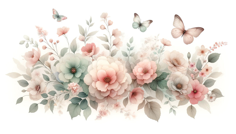 Pastel butterfly and blooms wallpaper design file showing delicate floral pattern with soft watercolor effect