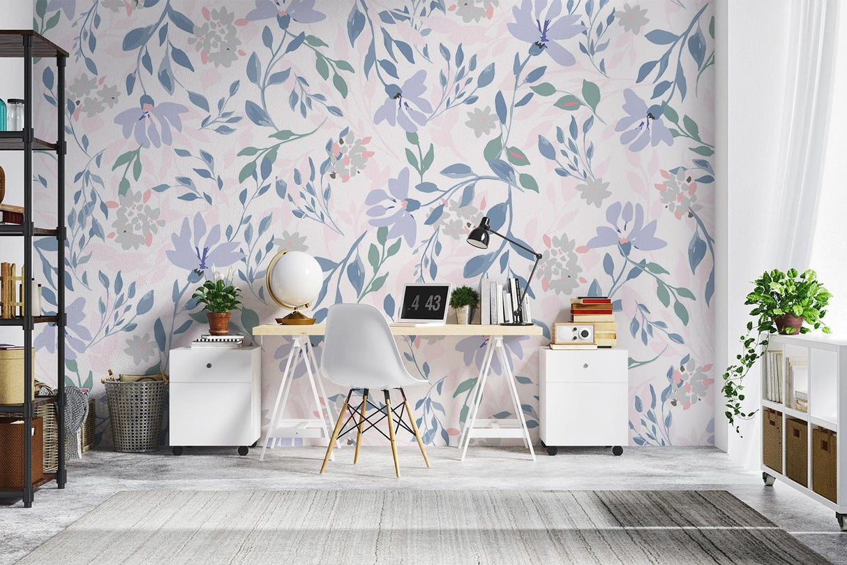Floral garden wallpaper with lavender blooms creating a peaceful atmosphere in a modern living room
