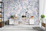 Floral garden wallpaper with lavender blooms creating a peaceful atmosphere in a modern living room