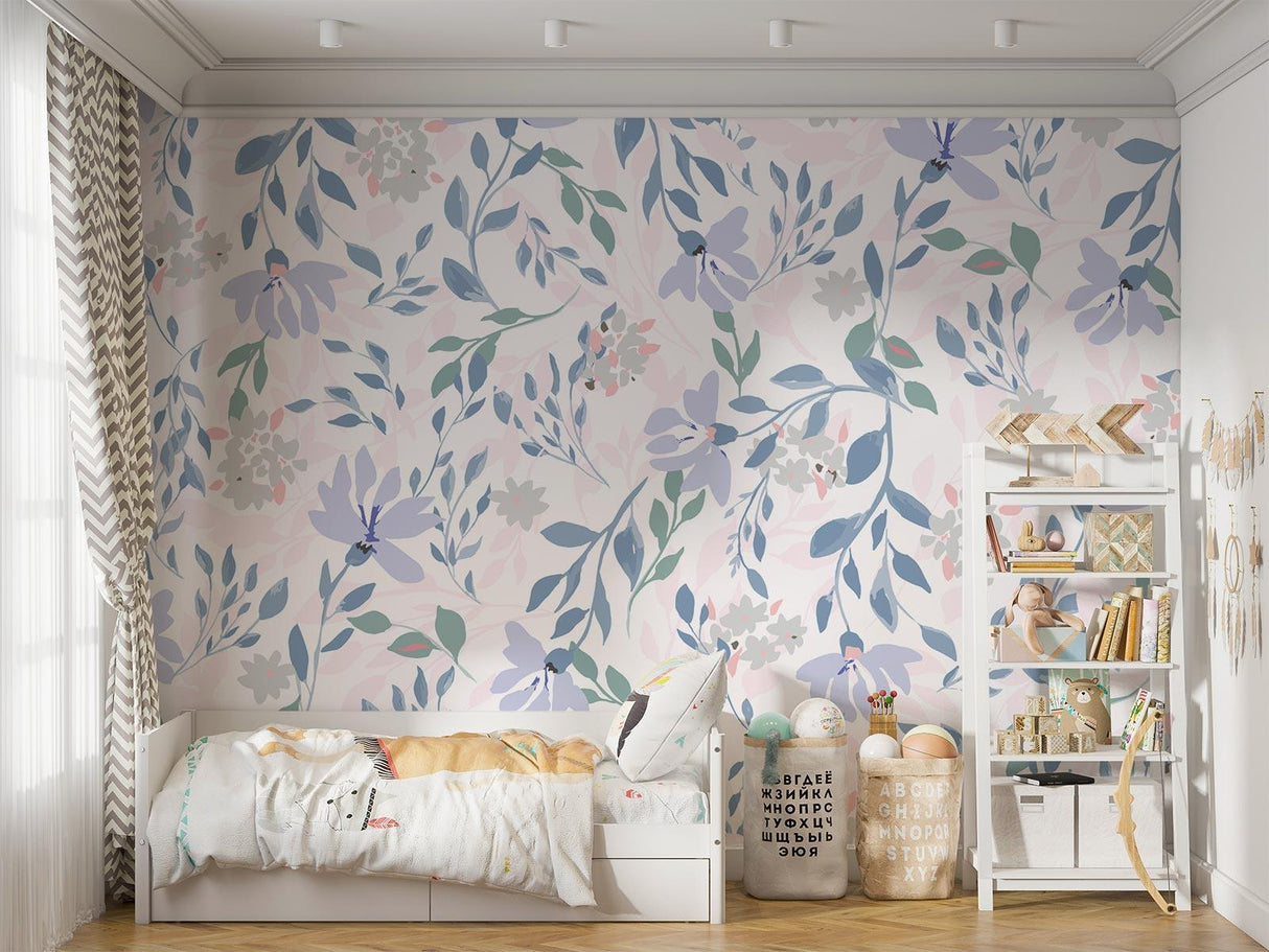 Pastel floral wallpaper featuring lavender and sage in a bright bedroom setting