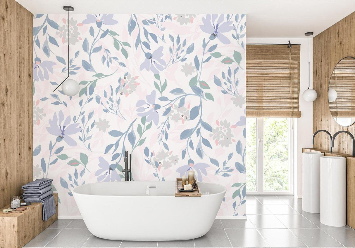 Lavender bloom wallpaper mural adding soft color to a home office space