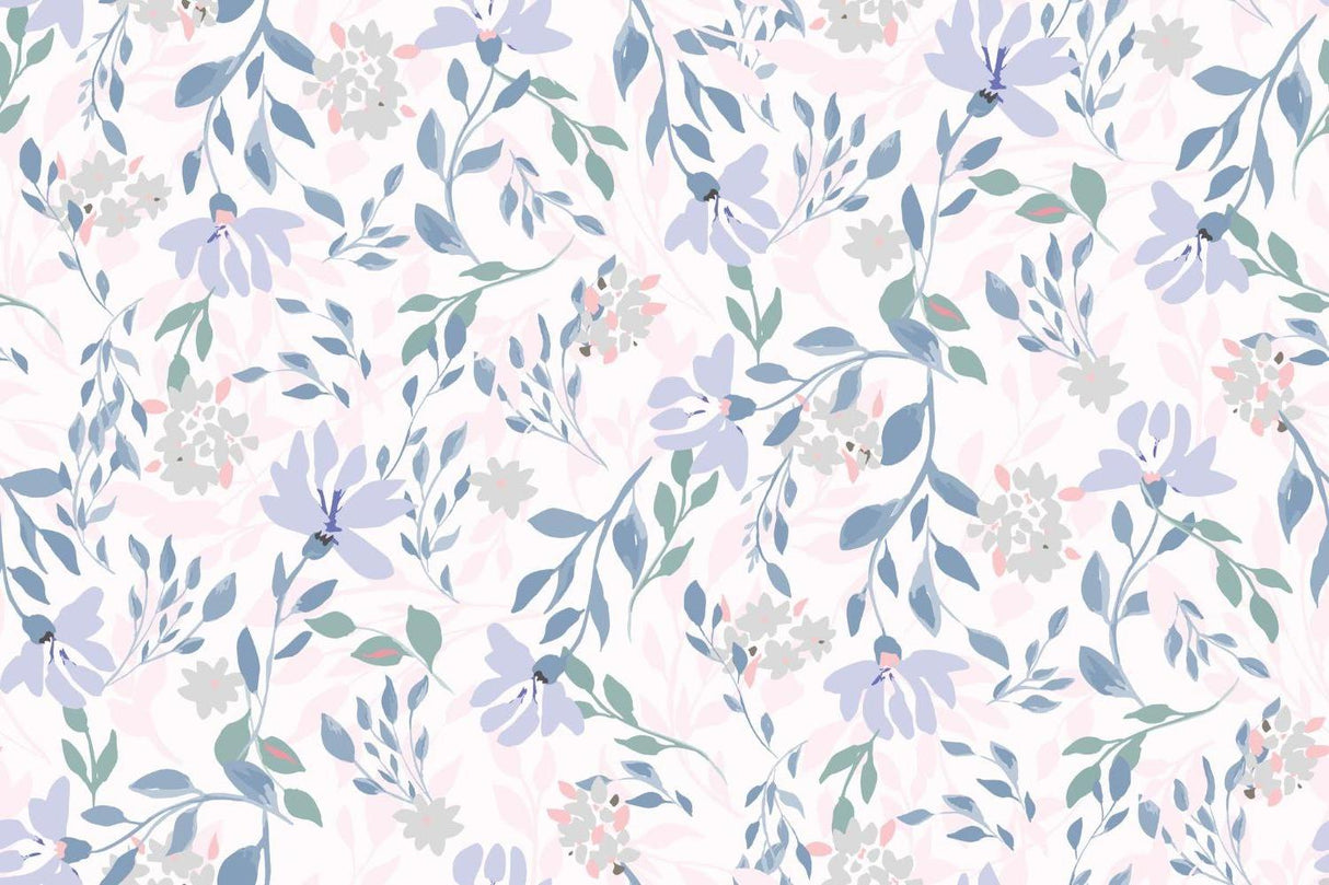 Design file showing detailed lavender blooms and sage foliage pattern on blush background