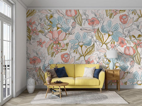 Floral line art wallpaper in bright modern living room showing soft pastel colors and botanical details