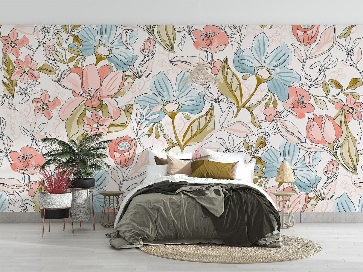 Pastel botanical wall mural creating calm atmosphere in master bedroom
