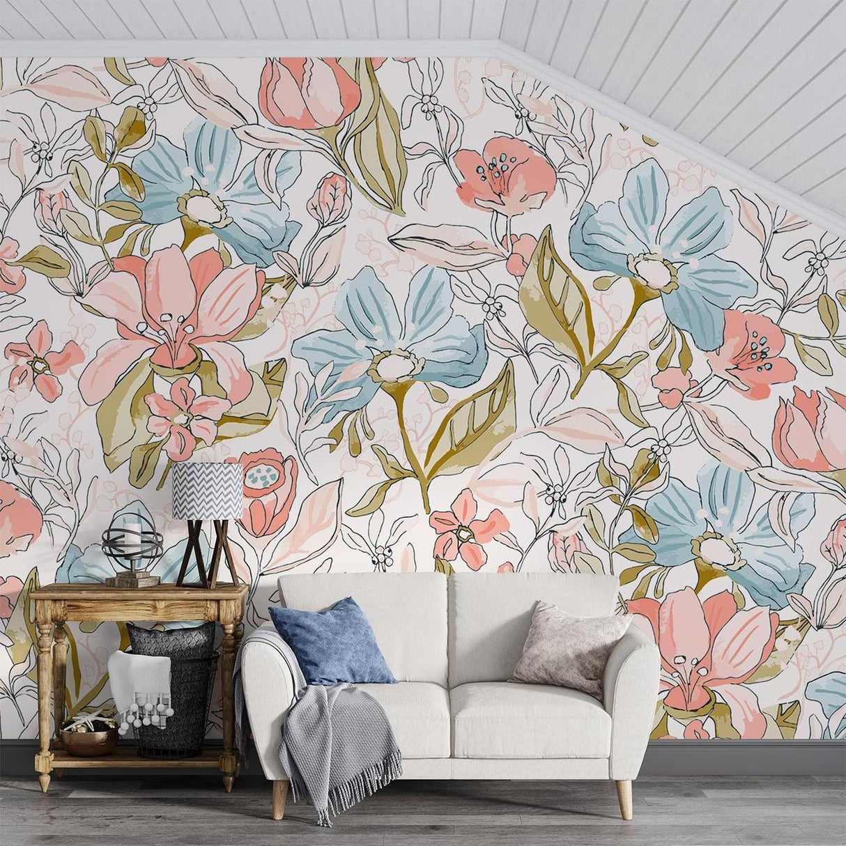 Line art floral wallpaper brightening home office space with delicate botanical pattern