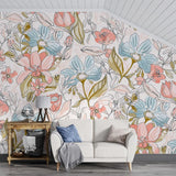 Line art floral wallpaper brightening home office space with delicate botanical pattern