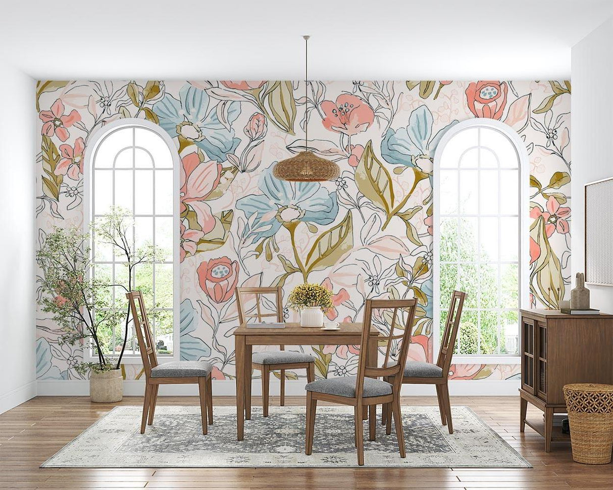 Floral wall mural adding soft color to dining room with coral and blue blooms