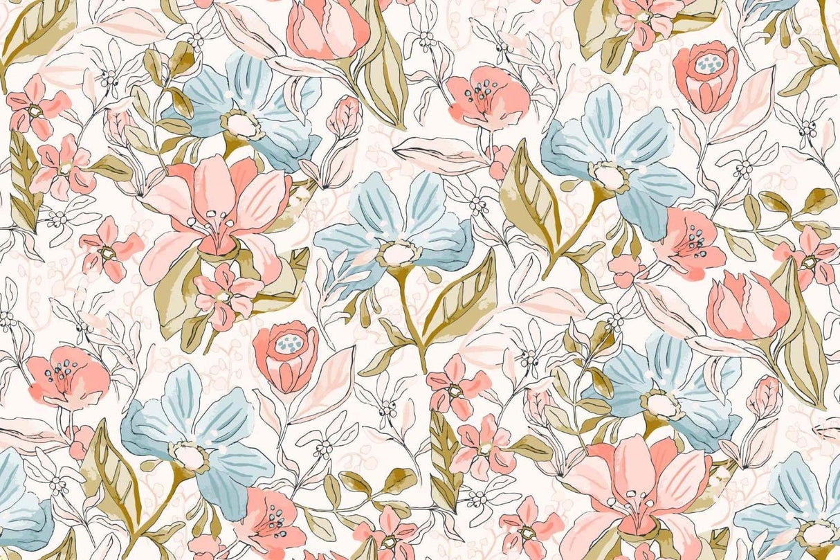 Design file of pastel floral line art pattern showing detailed botanical illustrations