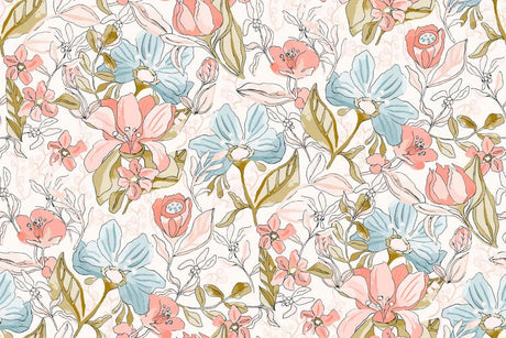 Design file of pastel floral line art pattern showing detailed botanical illustrations