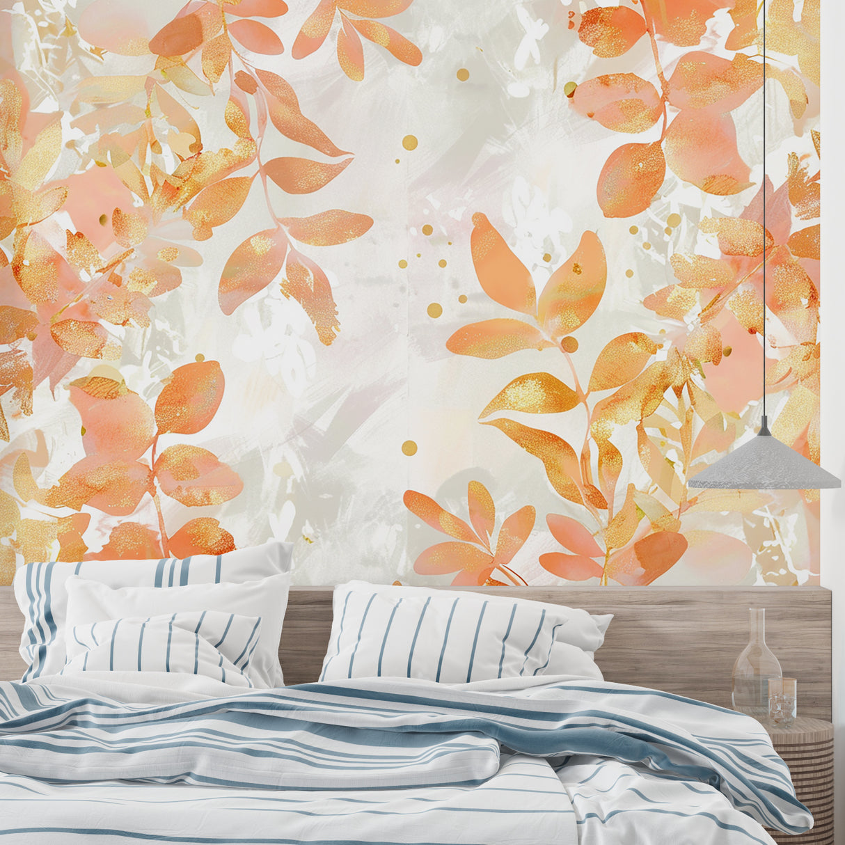 Botanical wallpaper with gold accents in master bedroom creating peaceful atmosphere