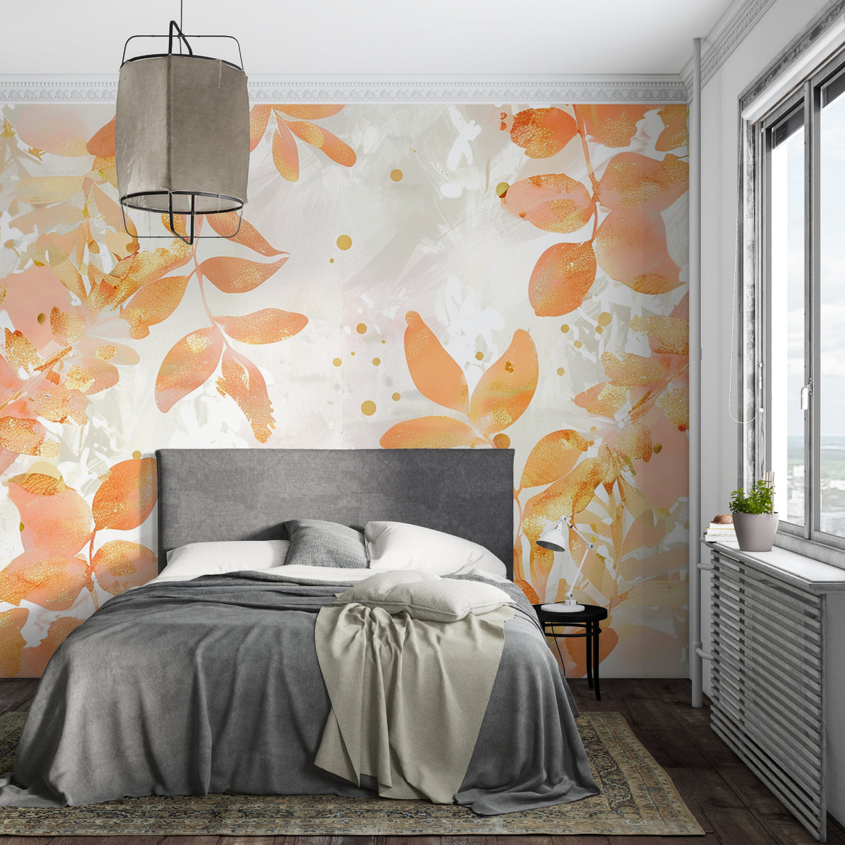Floral wall mural in home office space showing detail of peach and gold leaves