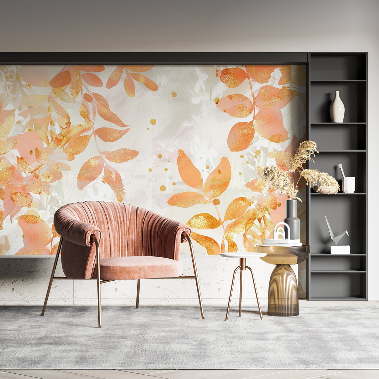 Peach leaf pattern wallpaper in dining room highlighting golden details
