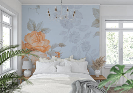 Peach rose floral wallpaper in bright modern bedroom, creating a soft and welcoming atmosphere