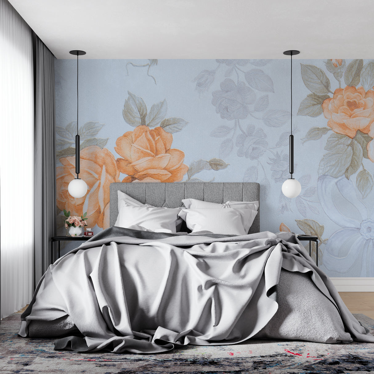 Vintage floral wall mural featuring peach roses in cozy living room setting