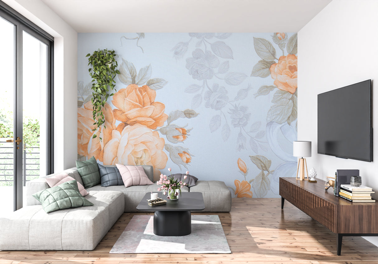 Blue and peach rose wallpaper in romantic dining room space
