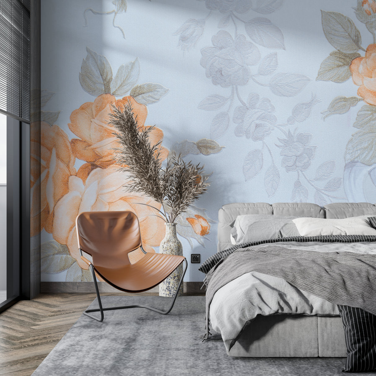Floral accent wall with peach roses in home office showing scale