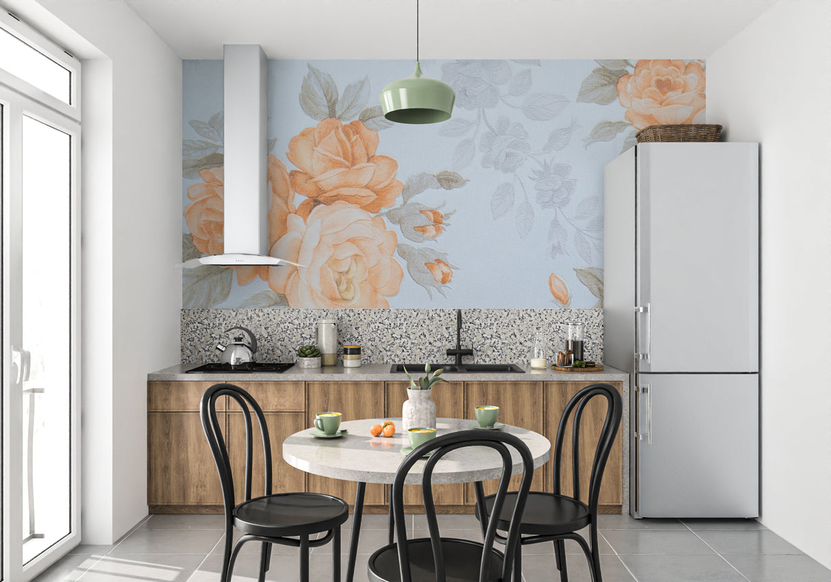 Rose wallpaper mural in powder room showcasing detail and color