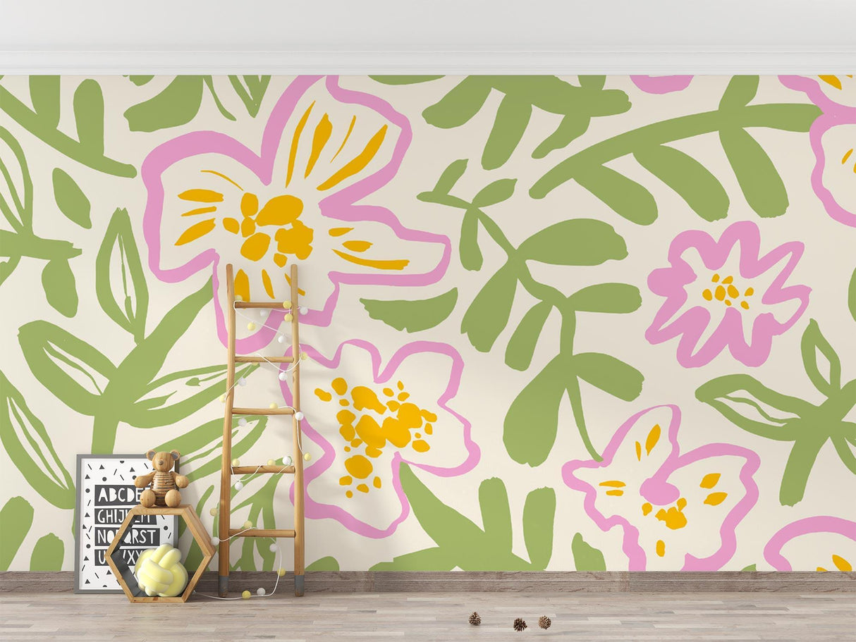Pink and green Floral Mural Wallpaper creating a bright, airy atmosphere in a modern living room setting