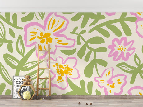 Pink and green Floral Mural Wallpaper creating a bright, airy atmosphere in a modern living room setting