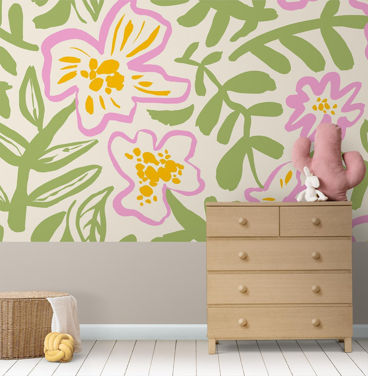 Botanical wallpaper with pink flowers and green leaves brightening up a cozy bedroom space