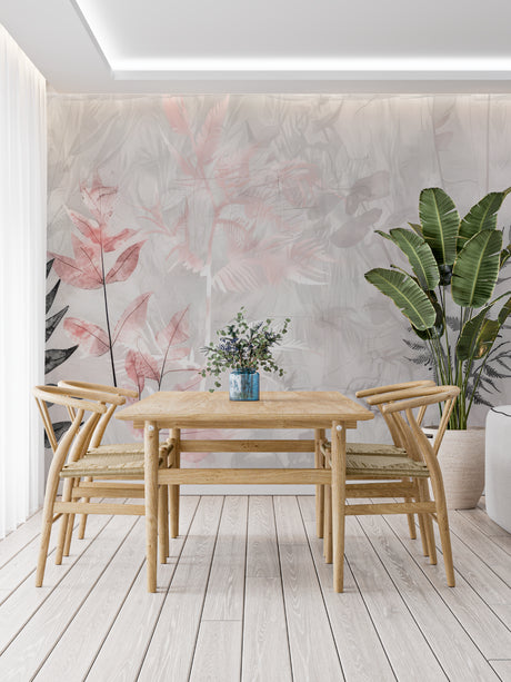 Pink and grey botanical wallpaper in modern living room creating fresh natural atmosphere