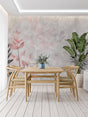 Pink and grey botanical wallpaper in modern living room creating fresh natural atmosphere
