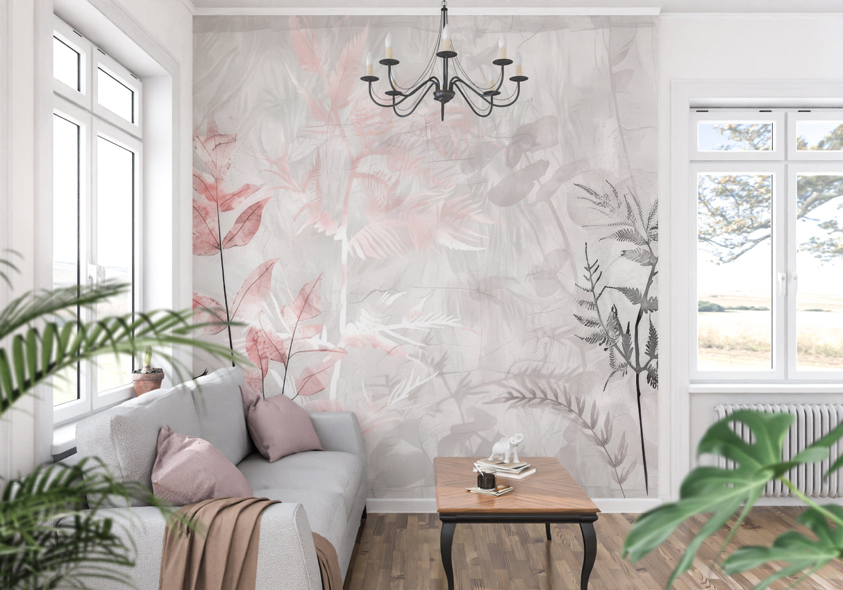 Elegant bedroom with pink floral leaf wallpaper adding soft, natural charm