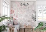 Elegant bedroom with pink floral leaf wallpaper adding soft, natural charm