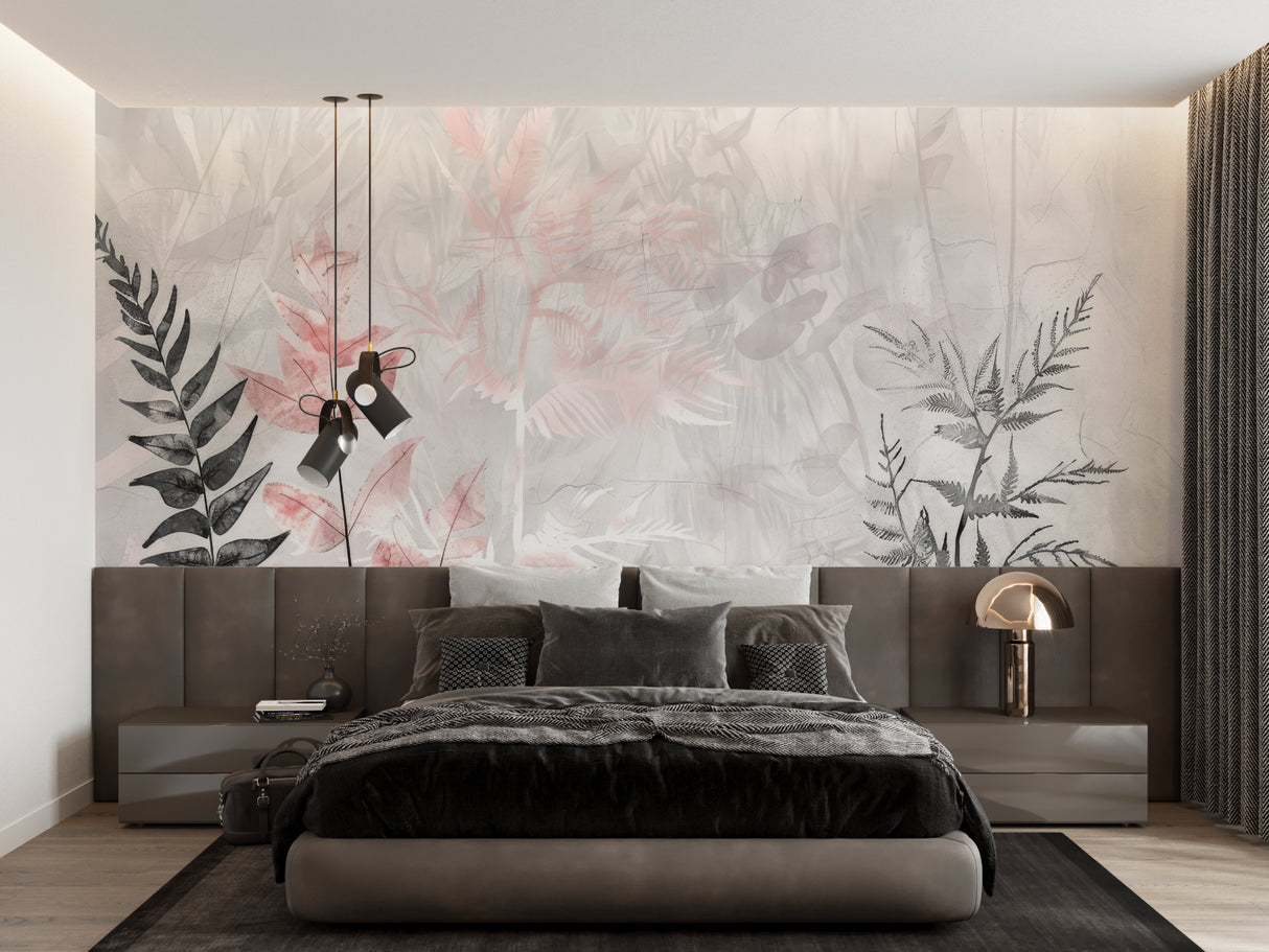 Home office featuring botanical leaves wallpaper in pink and grey tones