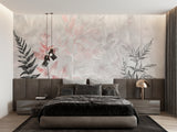 Home office featuring botanical leaves wallpaper in pink and grey tones