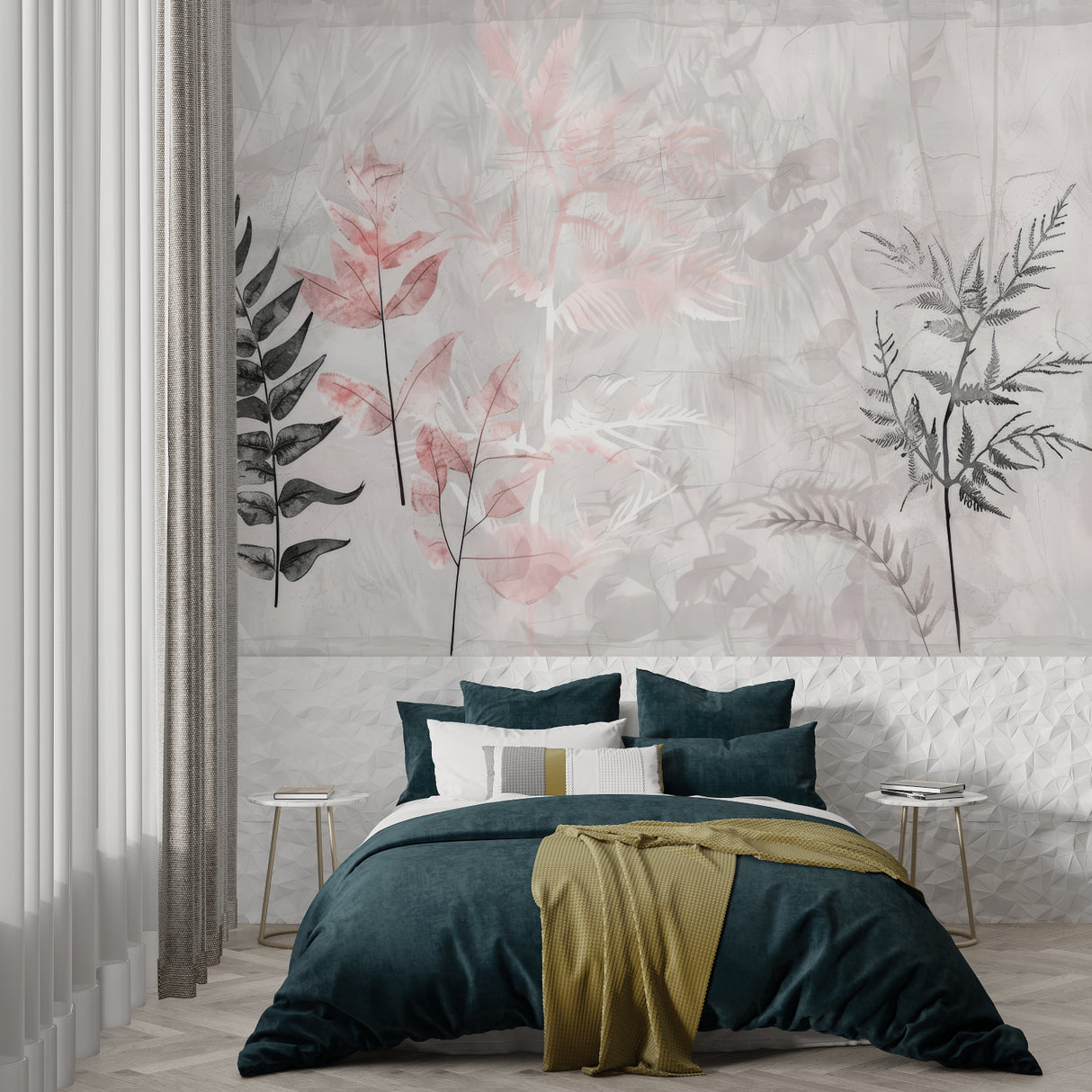Dining room with pink botanical wall mural creating fresh garden feel