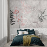Dining room with pink botanical wall mural creating fresh garden feel