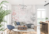 Hallway transformed with pink and grey floral leaf wallpaper pattern